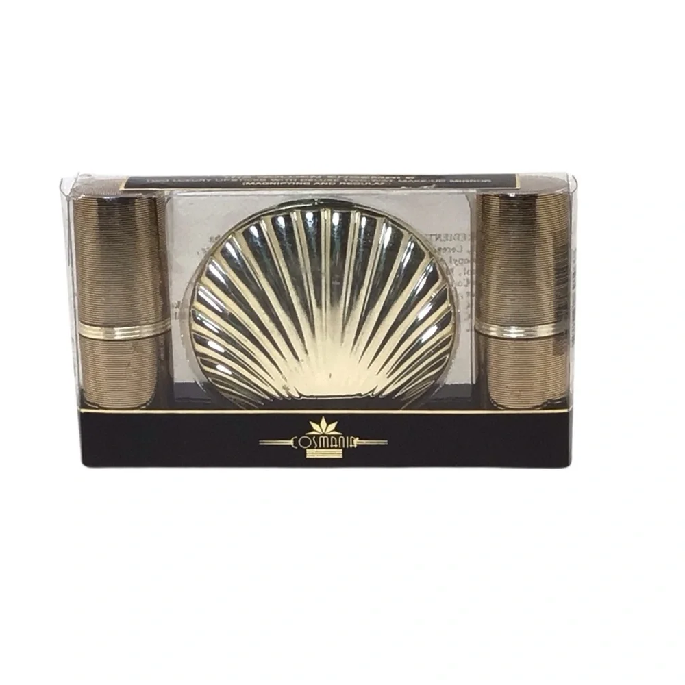 Cosmania Vintage 3pc Glam Golden Ensemble Lipstick & Shell Compact Set